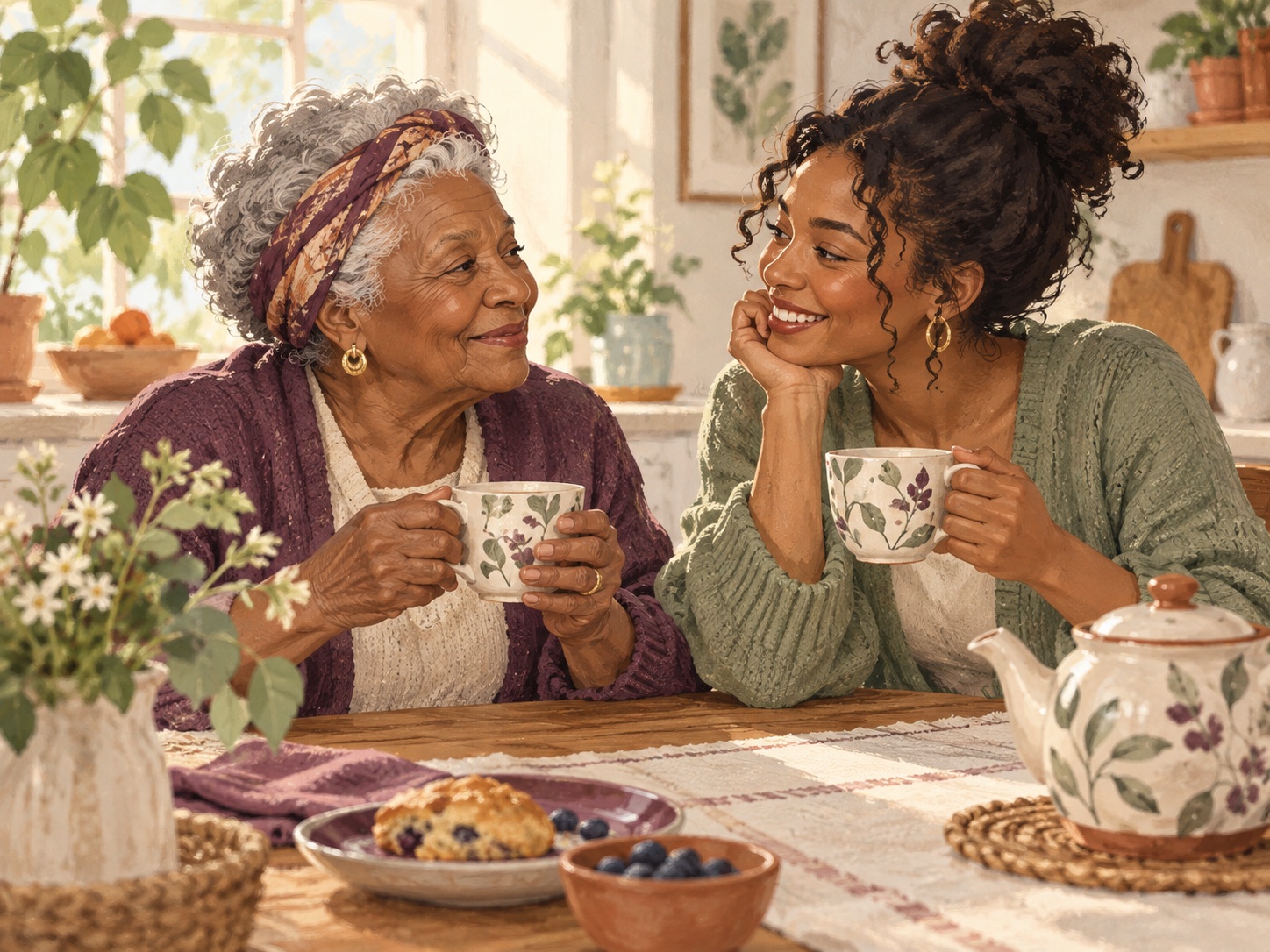 Illustration of a grandmother and granddaughter sharing tea